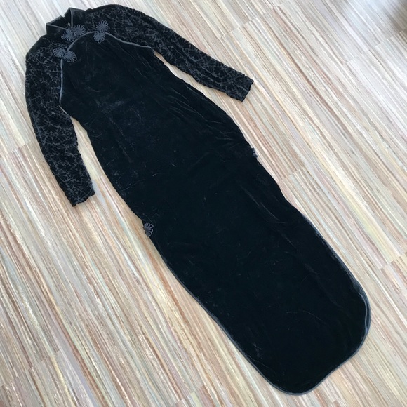 Black Velvet Evening Dress with High Neckline and Burnout Sheer Long Sleeves - Picture 3 of 4